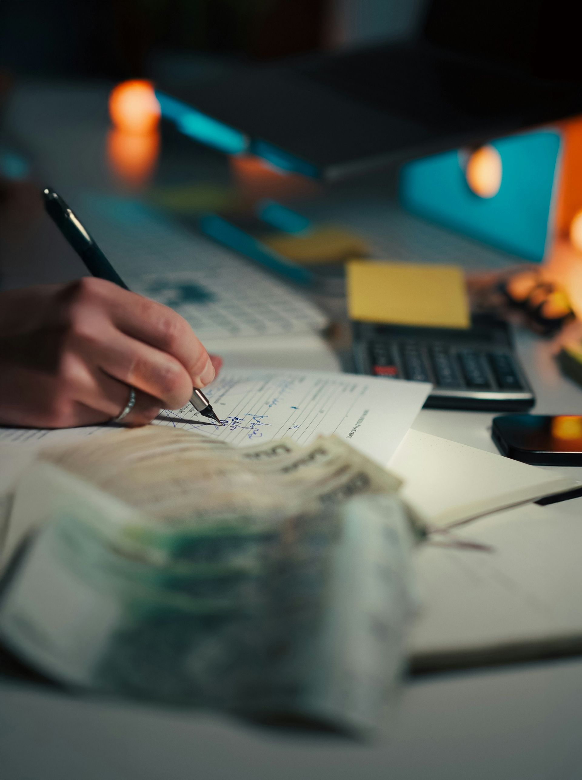 Hand writing in notebook with calculator and cash